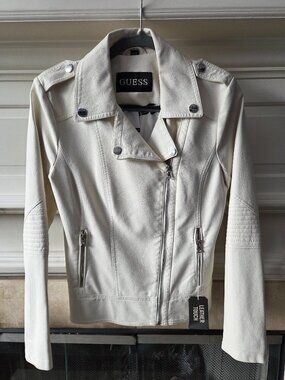 GUESS White Leather Moto Jacket Size S